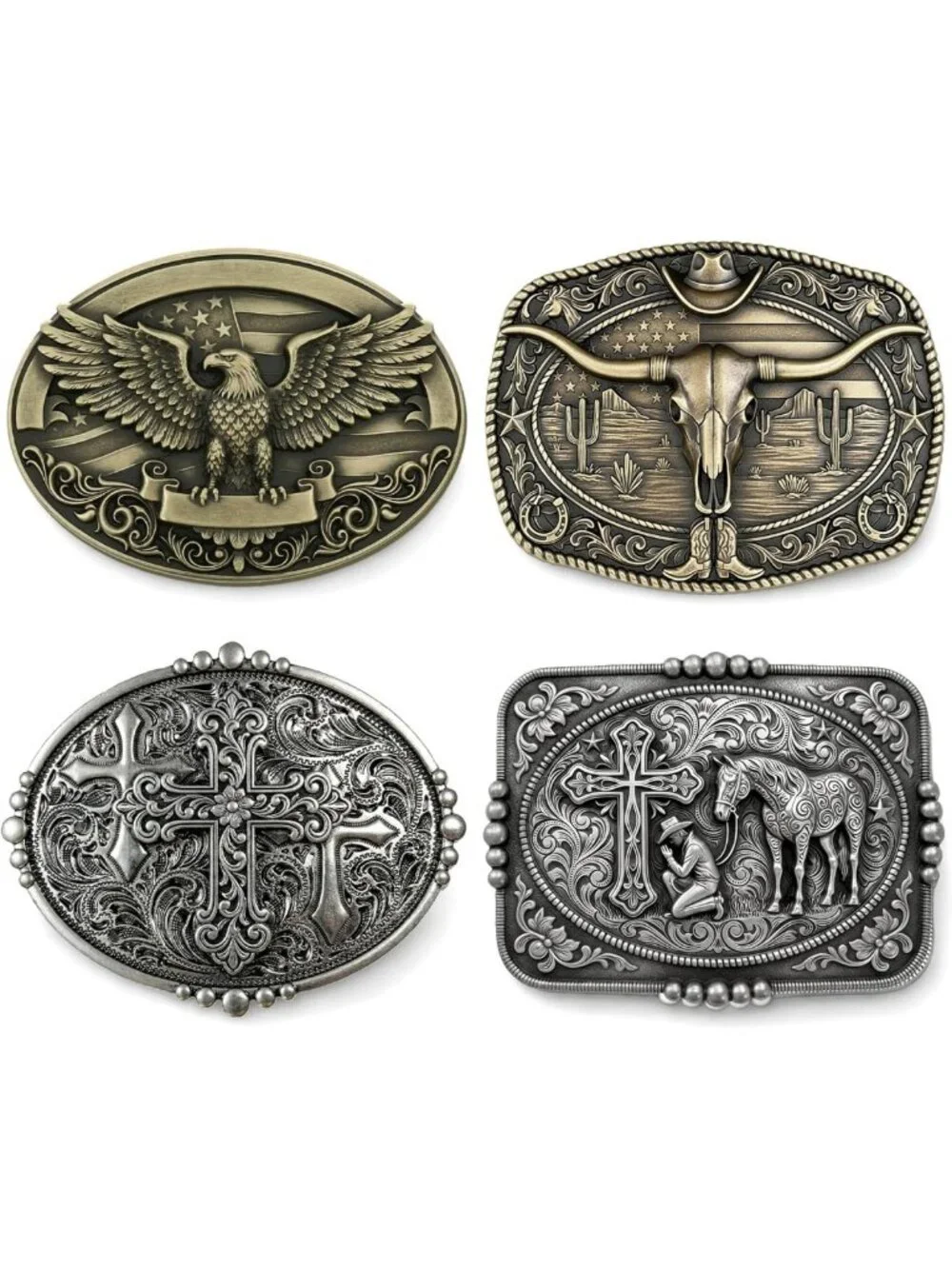 Vintage Western Belt Buckle Set - 4 Pcs Cowboy Style with Longhorn, Cross